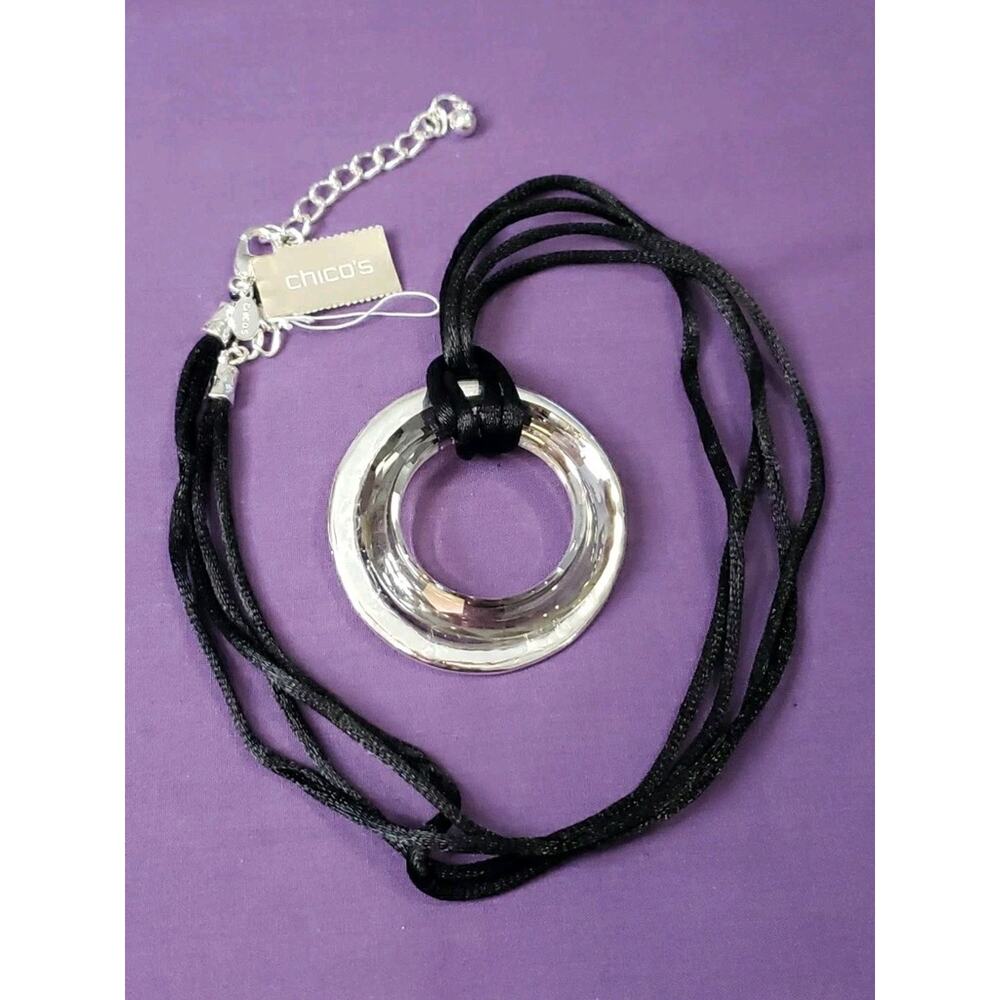 Chico's Signed Pendant Necklace Long Black Cord Clear Silver Tone Double Ring